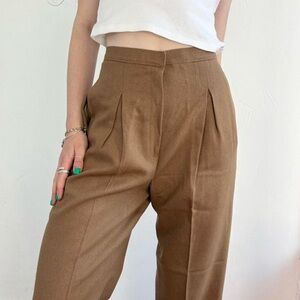Vintage 70s tan high waist straight wide leg pleated wool trousers by Jantzen